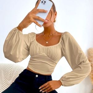 Sweetheart Neck Lantern Sleeve Crop Top